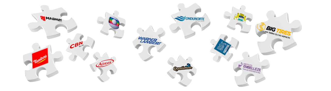 Imagem com peças de quebra-cabeça soltas onde cada peça representa uma empresa que Leandro Uchoa participou.