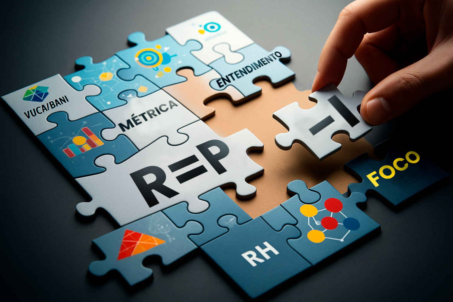 Imagem de um quebra-cabeça sendo montado e com uma mão à direita da imagem colocado uma peça com uma parte da equação R = P - I.